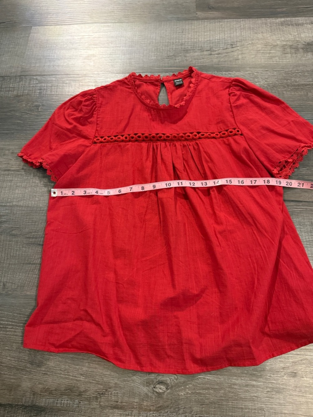 SHEIN Red Short Sleeve Lace-Trim Peasant Blouse
